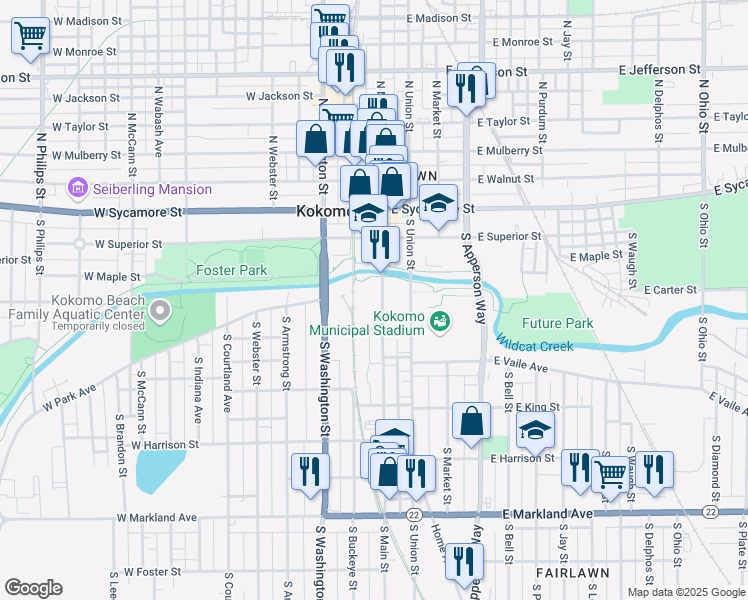 map of restaurants, bars, coffee shops, grocery stores, and more near 319 South Main Street in Kokomo