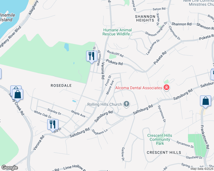 map of restaurants, bars, coffee shops, grocery stores, and more near 5549 Verona Road in Verona