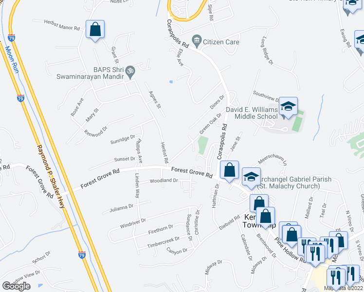 map of restaurants, bars, coffee shops, grocery stores, and more near 40 Green Oak Drive in Coraopolis