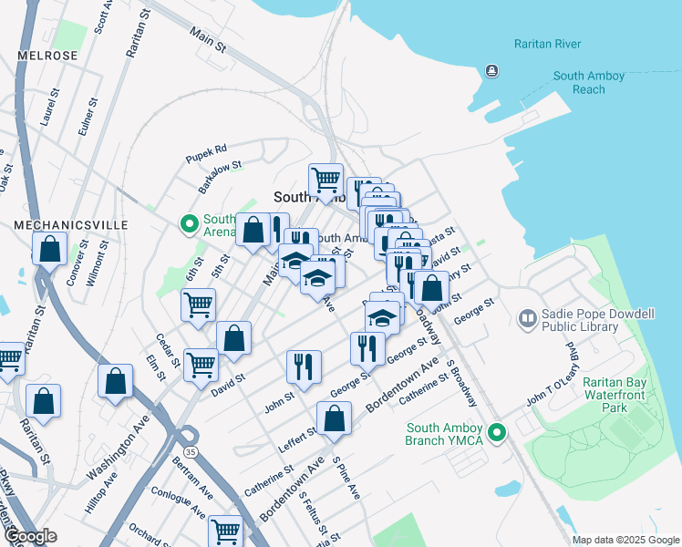 map of restaurants, bars, coffee shops, grocery stores, and more near 251 Church Street in South Amboy