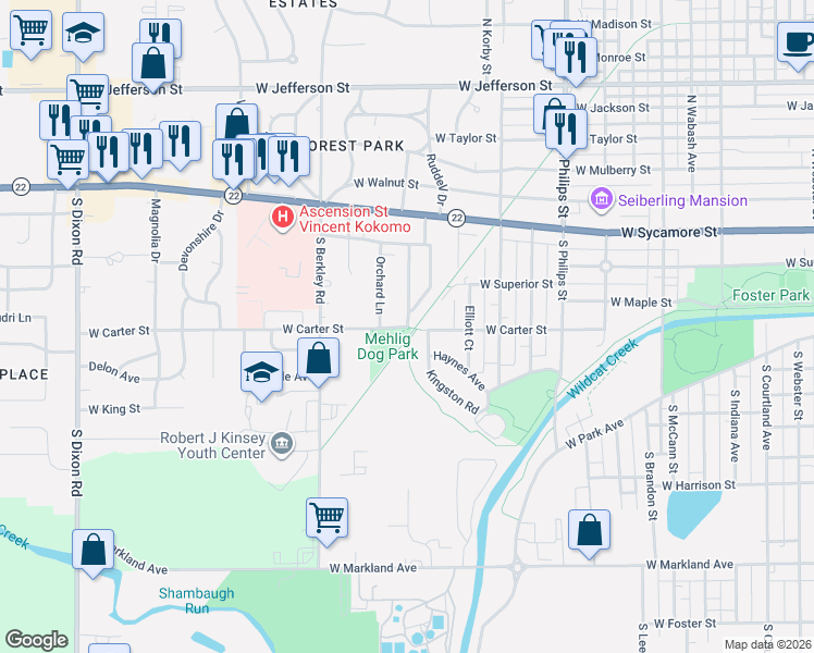 map of restaurants, bars, coffee shops, grocery stores, and more near 1702 West Carter Street in Kokomo