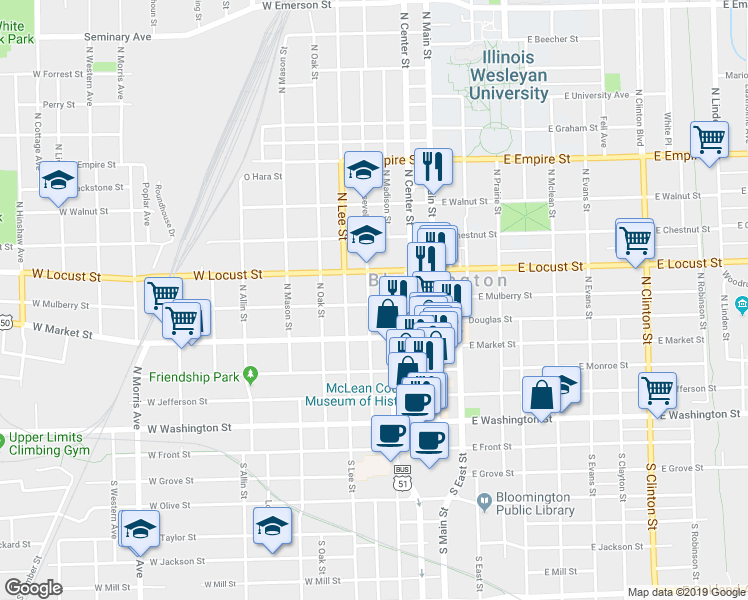 map of restaurants, bars, coffee shops, grocery stores, and more near 307 West Mulberry Street in Bloomington