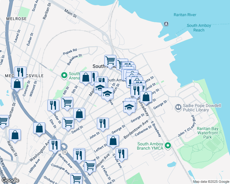 map of restaurants, bars, coffee shops, grocery stores, and more near 251 Church Street in South Amboy