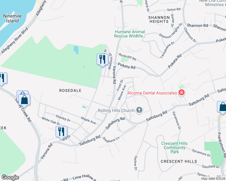map of restaurants, bars, coffee shops, grocery stores, and more near 5549 Verona Road in Verona