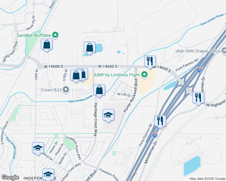 map of restaurants, bars, coffee shops, grocery stores, and more near 14764 Rising Star Way in Bluffdale