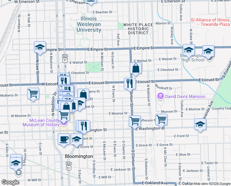 map of restaurants, bars, coffee shops, grocery stores, and more near 501 East Mulberry Street in Bloomington