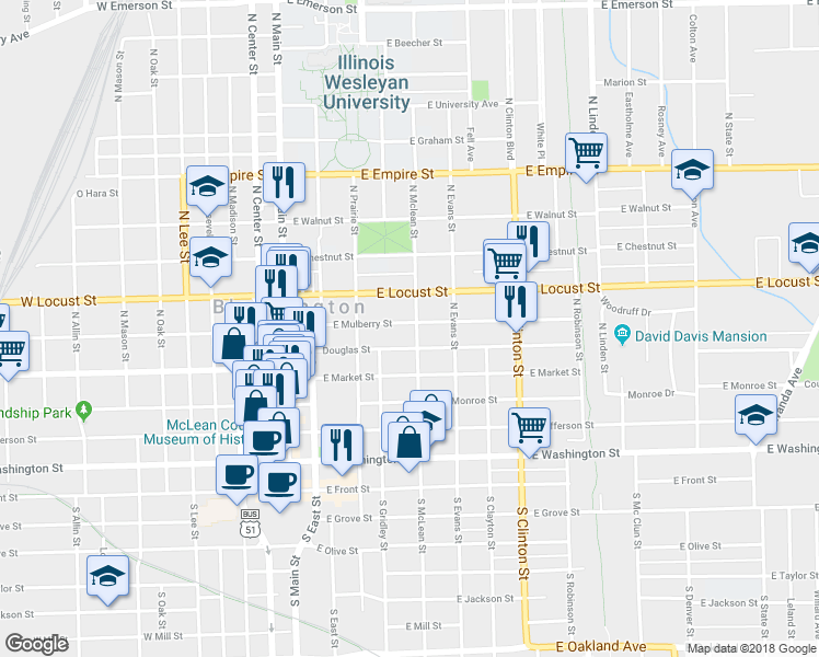 map of restaurants, bars, coffee shops, grocery stores, and more near 612 North Mclean Street in Bloomington