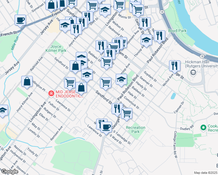 map of restaurants, bars, coffee shops, grocery stores, and more near 163 Throop Avenue in New Brunswick