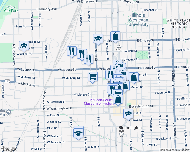 map of restaurants, bars, coffee shops, grocery stores, and more near 602 North Lee Street in Bloomington