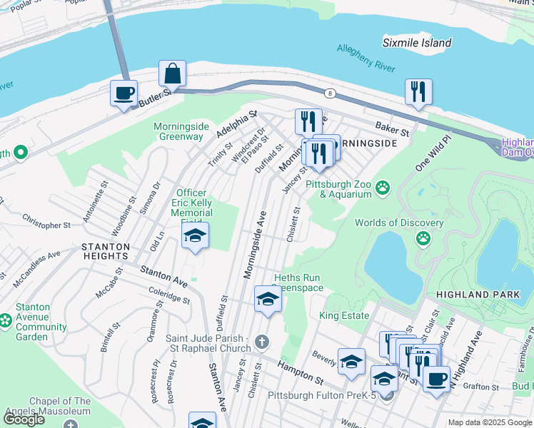 map of restaurants, bars, coffee shops, grocery stores, and more near 1630 Morningside Avenue in Pittsburgh