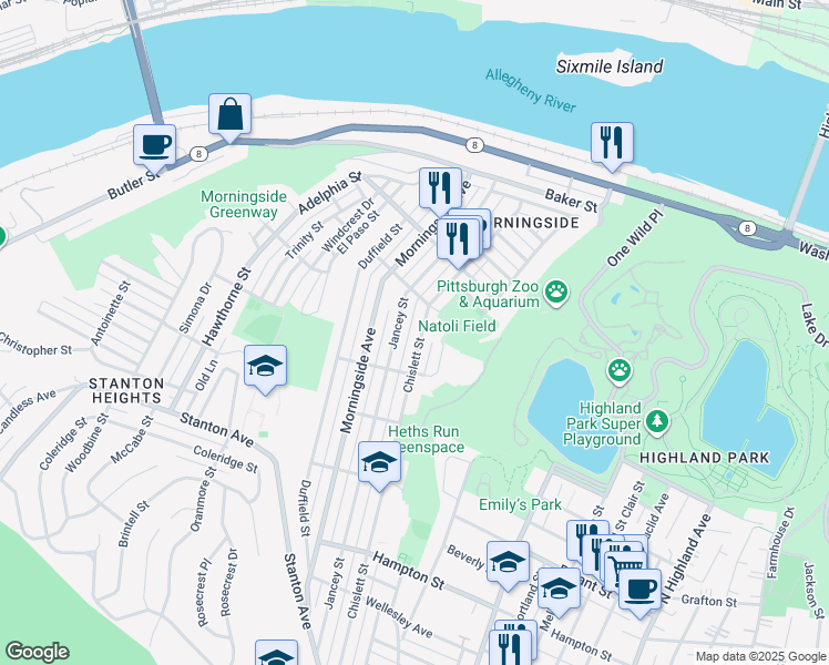 map of restaurants, bars, coffee shops, grocery stores, and more near 1641 Chislett Street in Pittsburgh