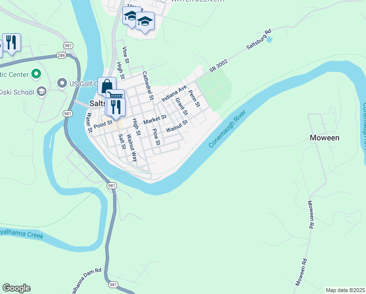 map of restaurants, bars, coffee shops, grocery stores, and more near 528R Chestnut Street in Saltsburg