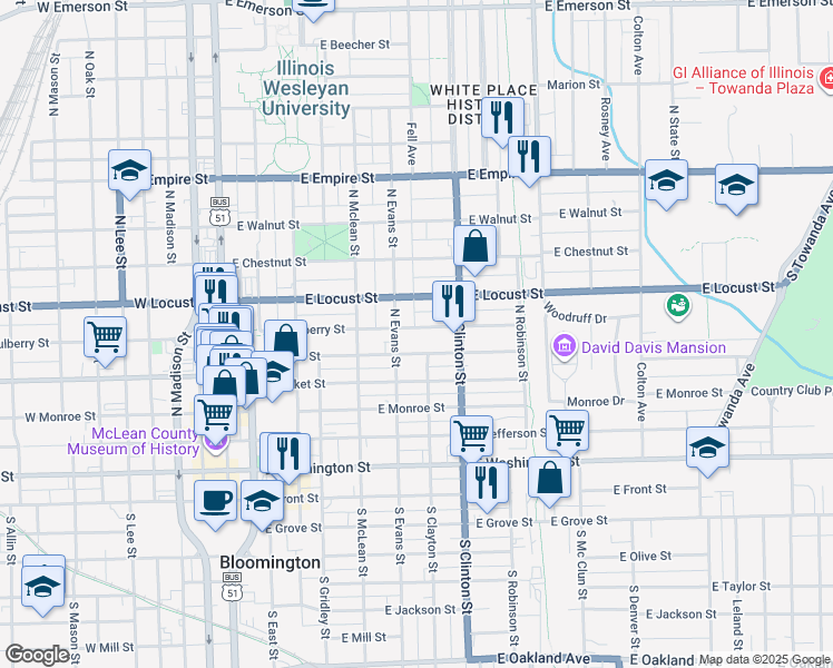 map of restaurants, bars, coffee shops, grocery stores, and more near 511 East Mulberry Street in Bloomington