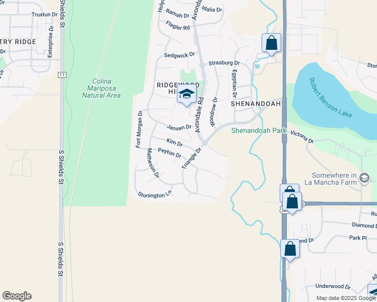 map of restaurants, bars, coffee shops, grocery stores, and more near 509 Kim Drive in Fort Collins