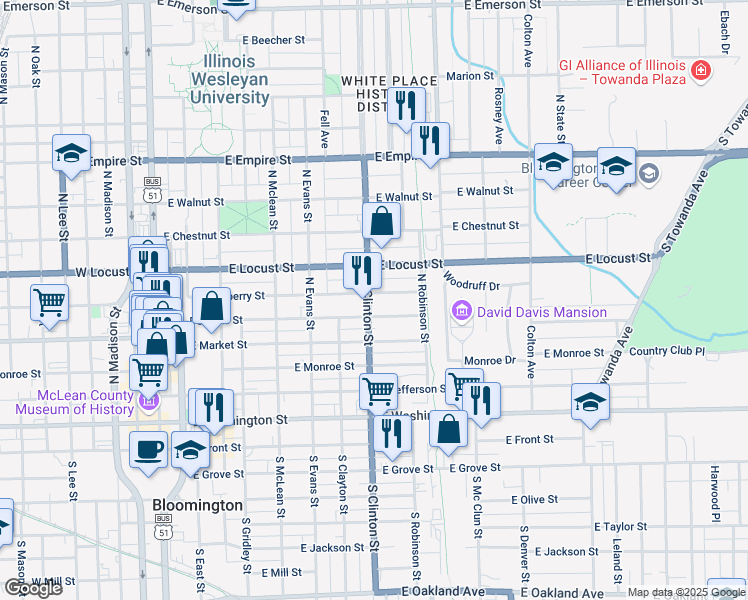 map of restaurants, bars, coffee shops, grocery stores, and more near 609 North Clinton Street in Bloomington