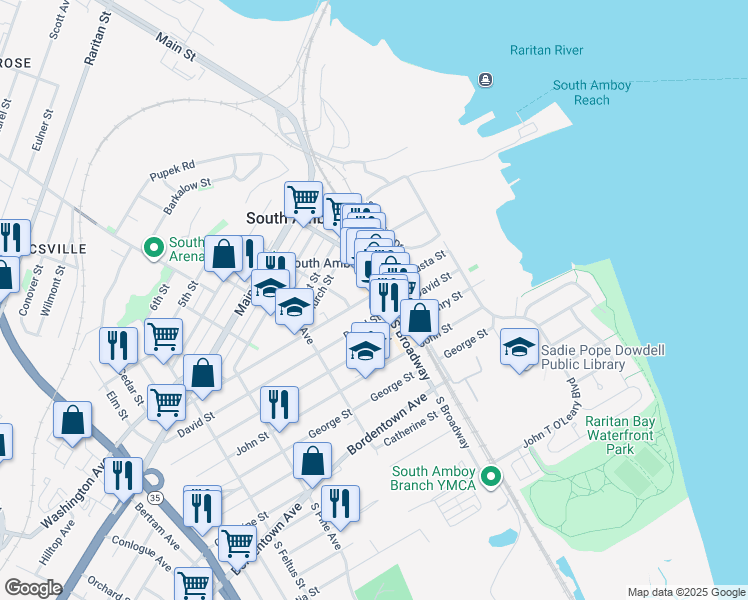 map of restaurants, bars, coffee shops, grocery stores, and more near 121 North Broadway in South Amboy