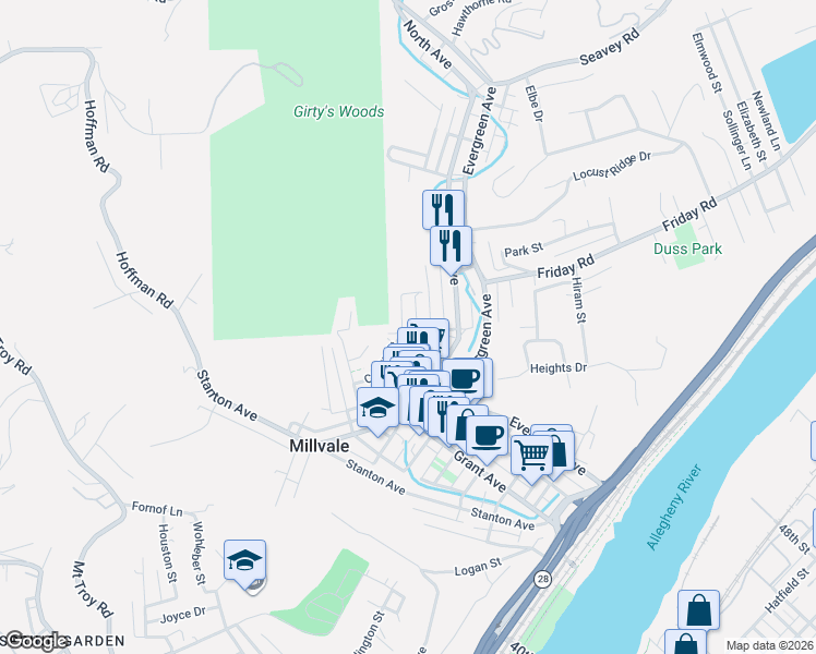 map of restaurants, bars, coffee shops, grocery stores, and more near 401 Colton Street in Pittsburgh