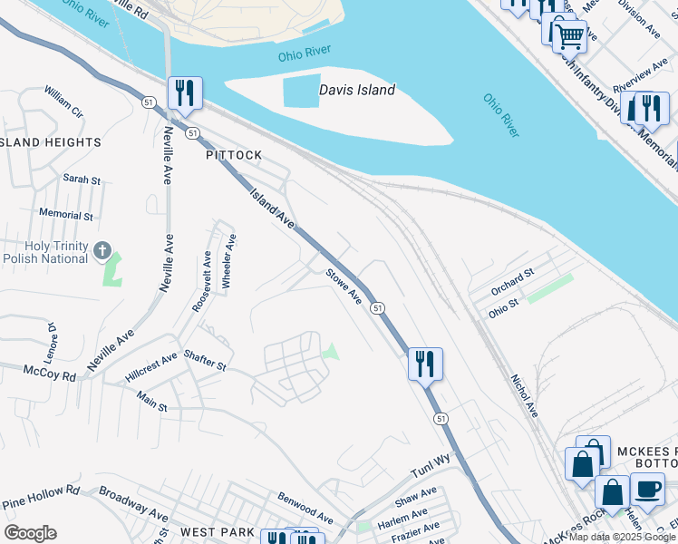 map of restaurants, bars, coffee shops, grocery stores, and more near 1369 Island Avenue in McKees Rocks