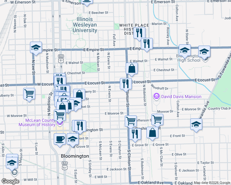 map of restaurants, bars, coffee shops, grocery stores, and more near 511 East Mulberry Street in Bloomington