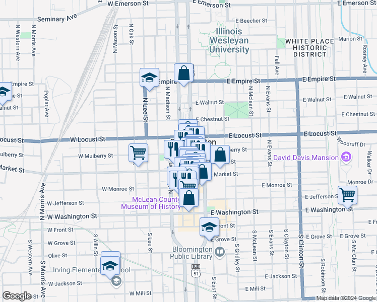 map of restaurants, bars, coffee shops, grocery stores, and more near in Bloomington