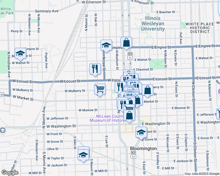 map of restaurants, bars, coffee shops, grocery stores, and more near 307 West Mulberry Street in Bloomington