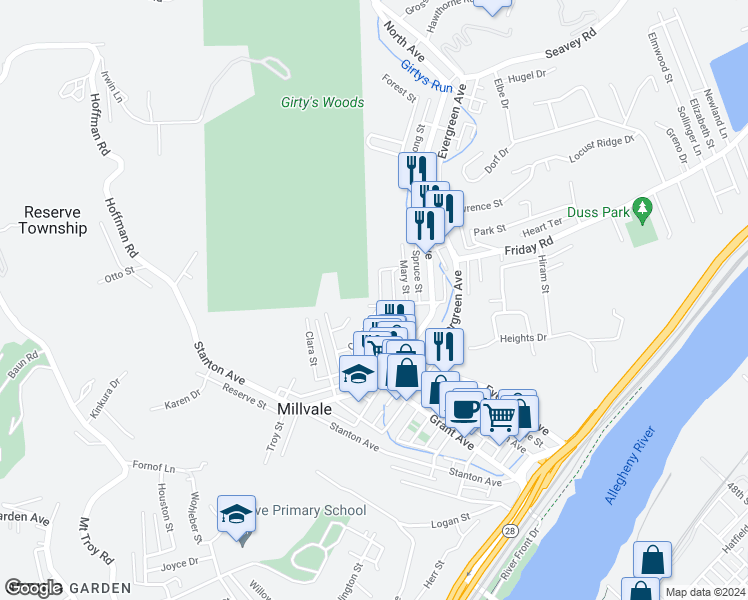 map of restaurants, bars, coffee shops, grocery stores, and more near 403 Colton Street in Millvale
