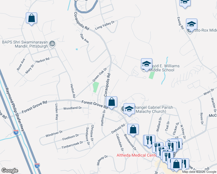 map of restaurants, bars, coffee shops, grocery stores, and more near 1101 Brandon Way in Coraopolis
