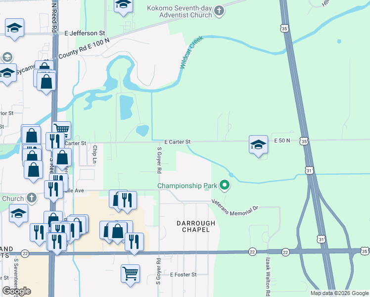 map of restaurants, bars, coffee shops, grocery stores, and more near 2801-3007 East Carter Street in Kokomo