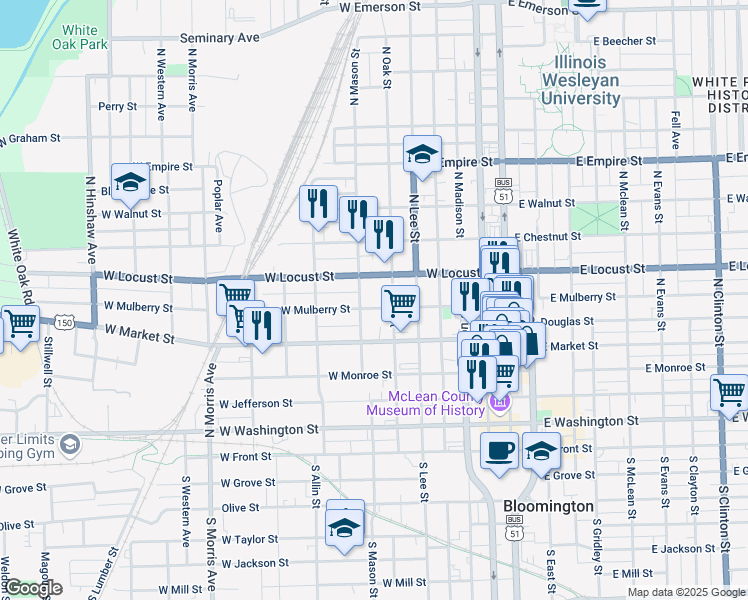 map of restaurants, bars, coffee shops, grocery stores, and more near 609 West Mulberry Street in Bloomington