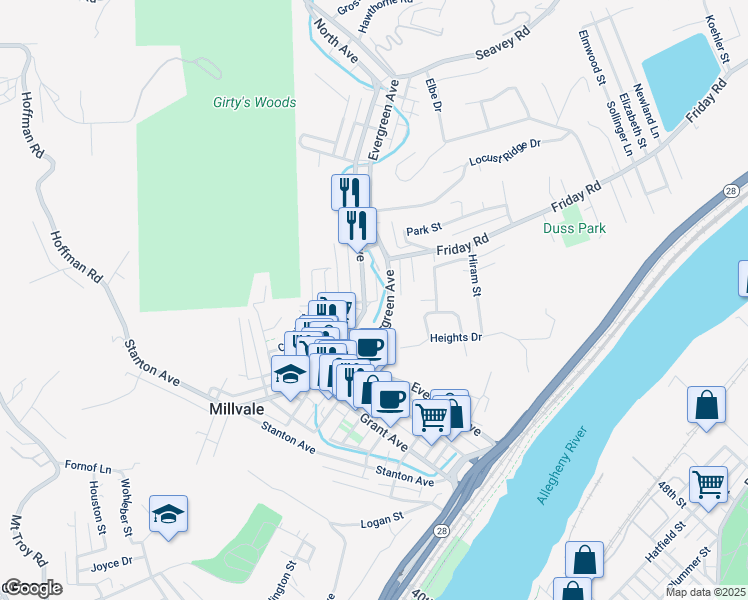 map of restaurants, bars, coffee shops, grocery stores, and more near 4 Elizabeth Street in Millvale