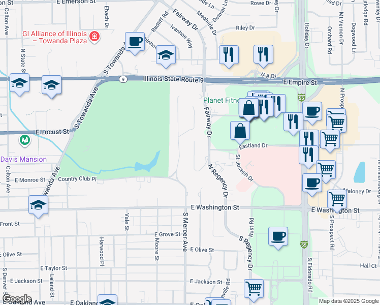 map of restaurants, bars, coffee shops, grocery stores, and more near 5 Canterbury Court in Bloomington
