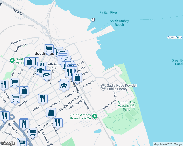 map of restaurants, bars, coffee shops, grocery stores, and more near 123 N Rosewell Ave in South Amboy