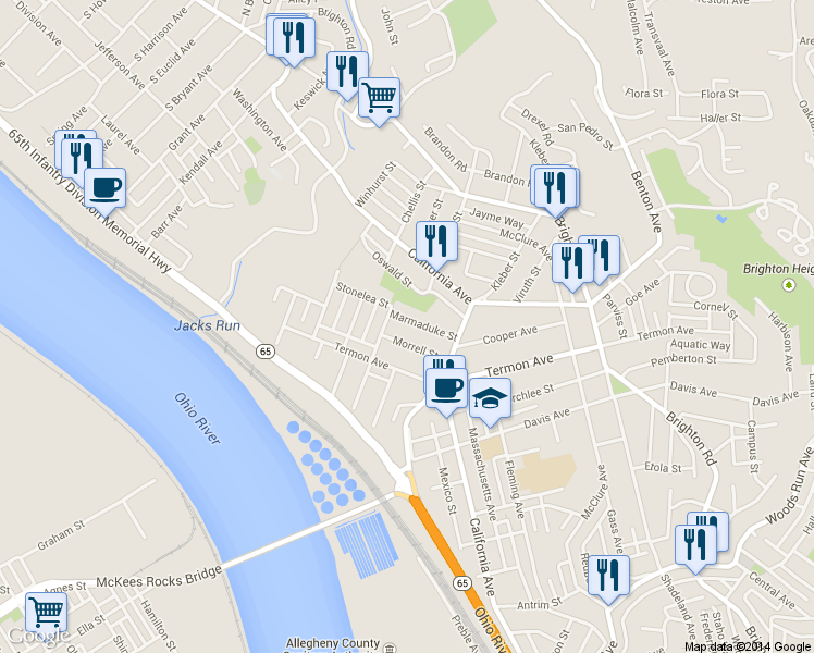 map of restaurants, bars, coffee shops, grocery stores, and more near 1905 Marmaduke Street in Pittsburgh