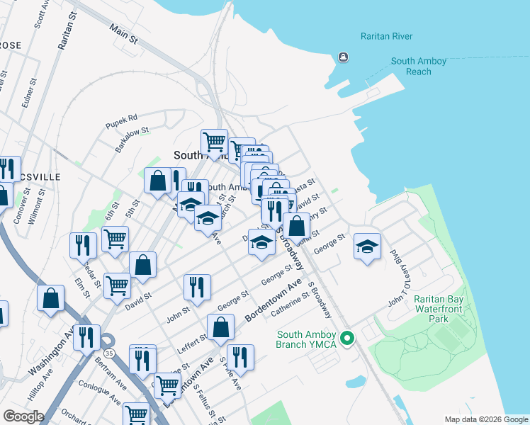 map of restaurants, bars, coffee shops, grocery stores, and more near 121 North Broadway in South Amboy