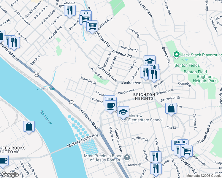map of restaurants, bars, coffee shops, grocery stores, and more near 1706 Marmaduke Street in Pittsburgh