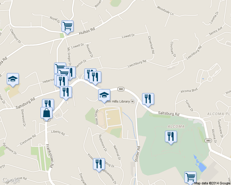 map of restaurants, bars, coffee shops, grocery stores, and more near 6356 Saltsburg Road in Pittsburgh