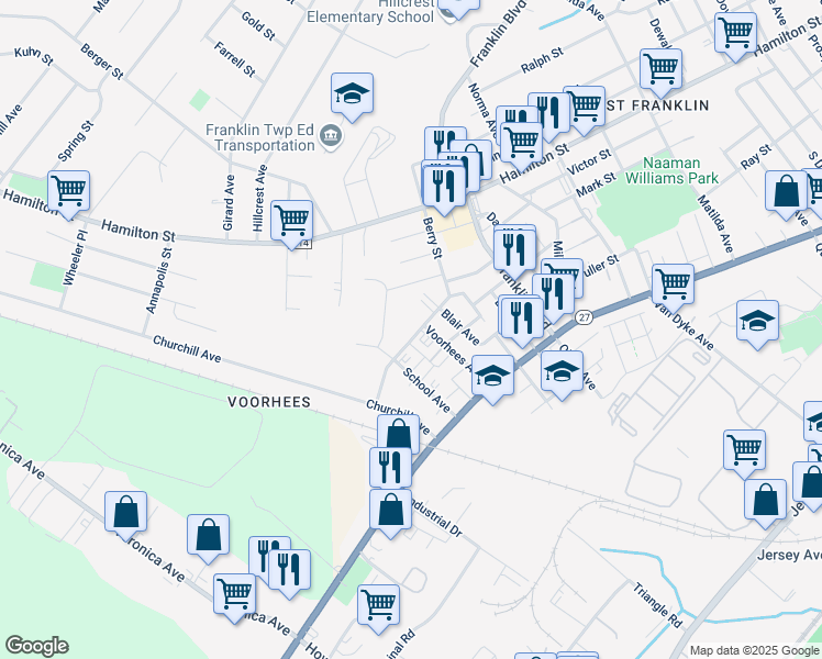 map of restaurants, bars, coffee shops, grocery stores, and more near 44 Berry Street in Franklin Township
