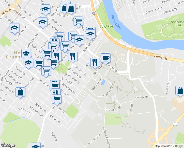 map of restaurants, bars, coffee shops, grocery stores, and more near 49 Nichol Avenue in New Brunswick