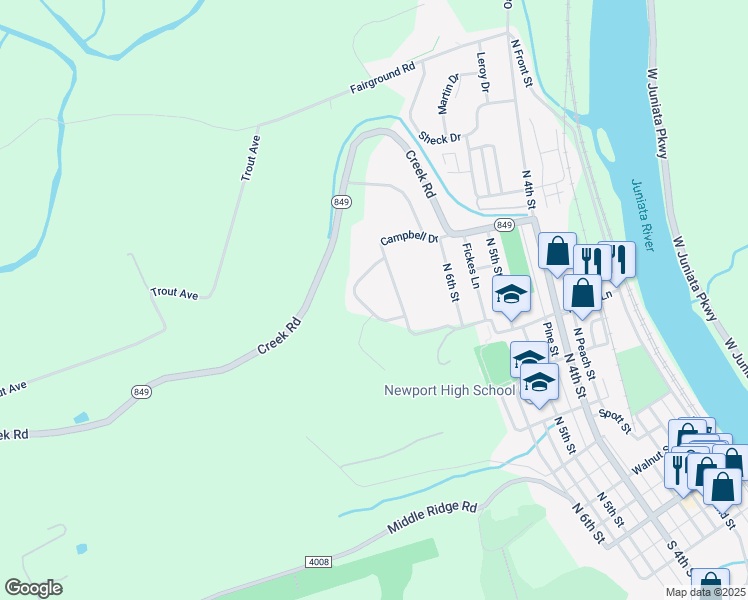 map of restaurants, bars, coffee shops, grocery stores, and more near 732 Hillcrest Drive in Newport