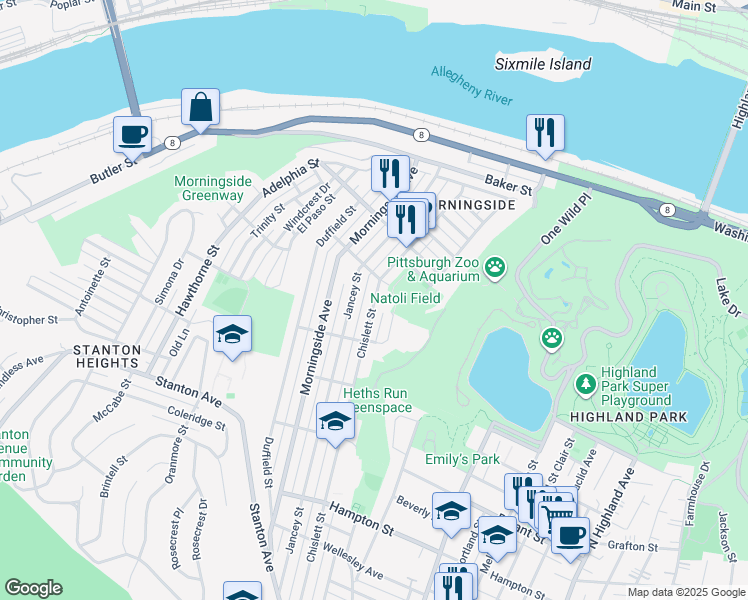 map of restaurants, bars, coffee shops, grocery stores, and more near 1641 Chislett Street in Pittsburgh