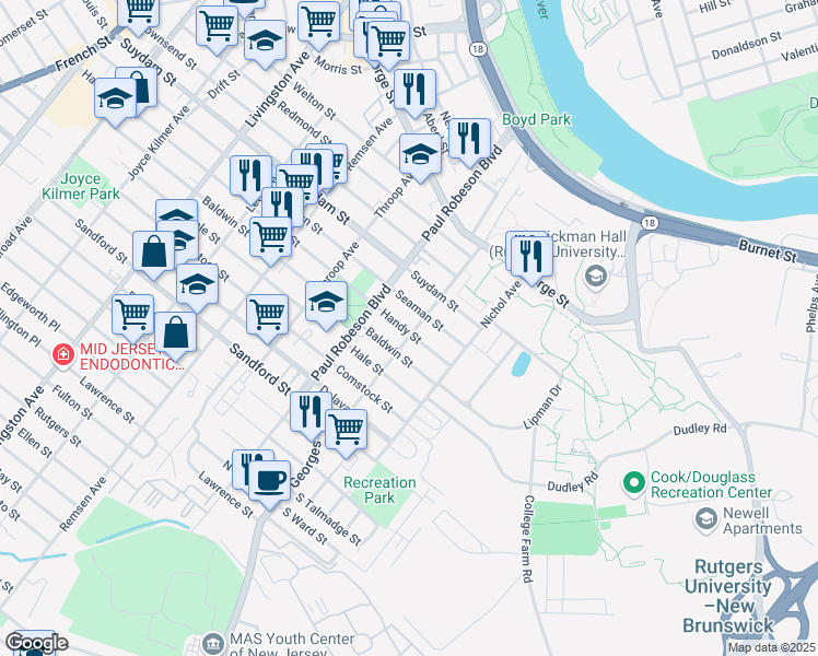 map of restaurants, bars, coffee shops, grocery stores, and more near 97 Jones Avenue in New Brunswick