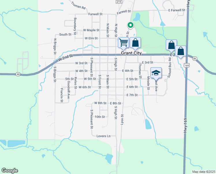 map of restaurants, bars, coffee shops, grocery stores, and more near South Main Street in Grant City