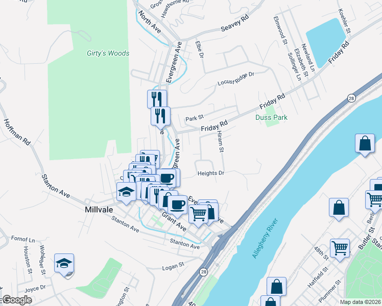 map of restaurants, bars, coffee shops, grocery stores, and more near 40 Charles St in Pittsburgh