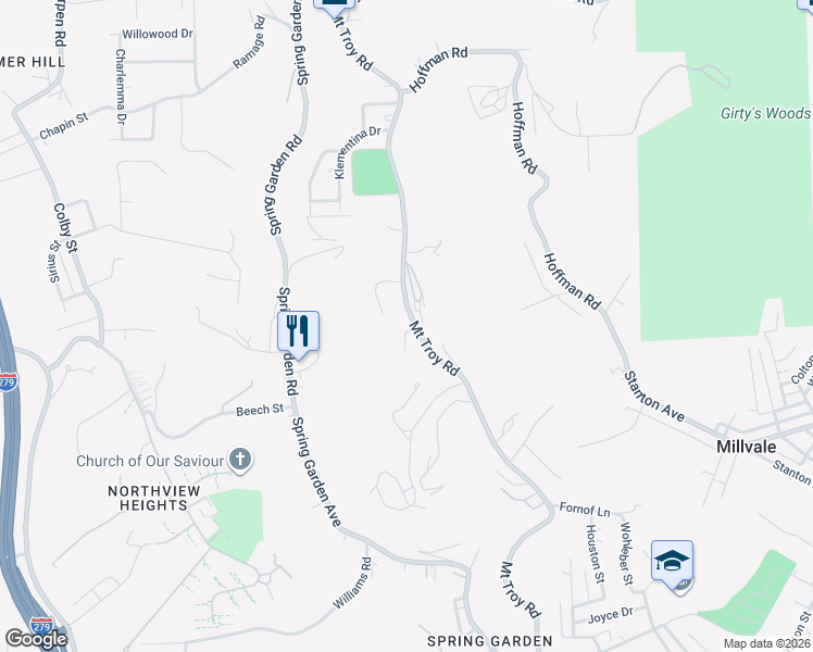 map of restaurants, bars, coffee shops, grocery stores, and more near 3217 Mount Troy Road in Pittsburgh