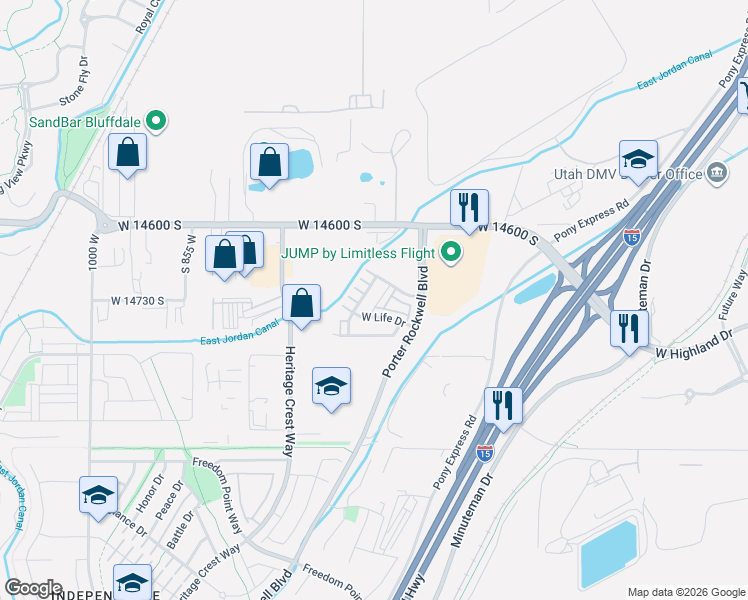 map of restaurants, bars, coffee shops, grocery stores, and more near 14745 Nob Lane in Bluffdale