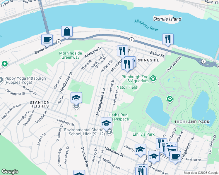 map of restaurants, bars, coffee shops, grocery stores, and more near 1630 Morningside Avenue in Pittsburgh