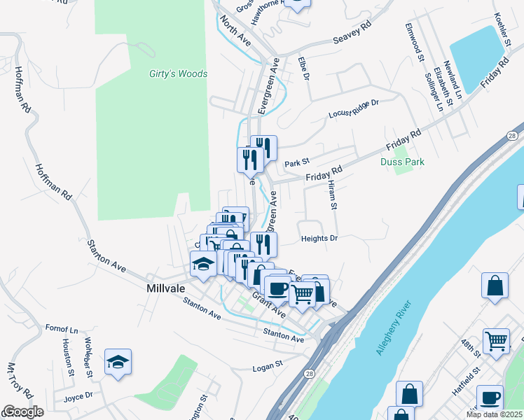 map of restaurants, bars, coffee shops, grocery stores, and more near 4 Elizabeth Street in Millvale