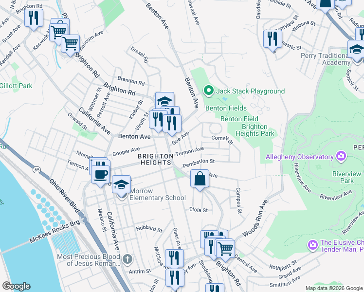 map of restaurants, bars, coffee shops, grocery stores, and more near 1224 Termon Avenue in Pittsburgh