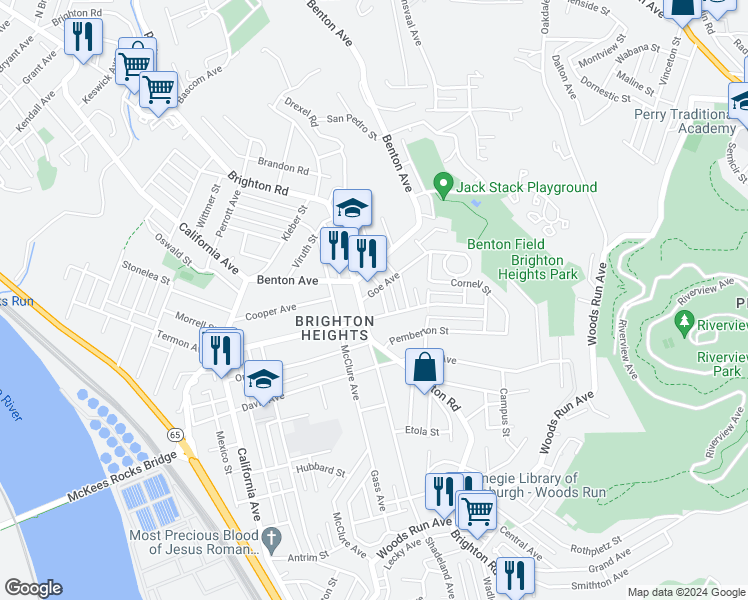 map of restaurants, bars, coffee shops, grocery stores, and more near in Pittsburgh