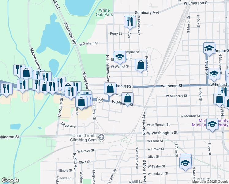 map of restaurants, bars, coffee shops, grocery stores, and more near 1317 West Mulberry Street in Bloomington